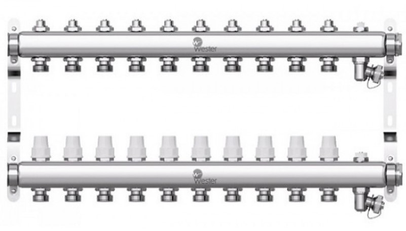 Коллектор для отопления Wester 1"-3/4 в сборе на 10 выходов с 2 заглушками