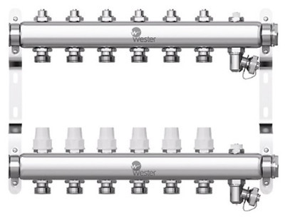Коллектор для отопления Wester 1"-3/4 в сборе на 6 выходов с 2 заглушками