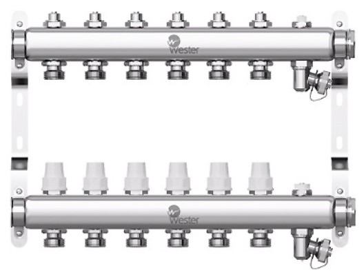 Коллектор для отопления Wester 1"-3/4 в сборе на 6 выходов с 2 заглушками